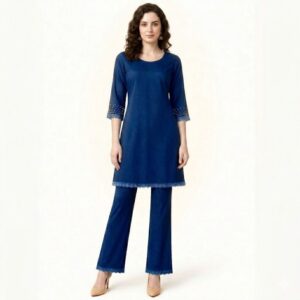 Women blue kurti pant set front view