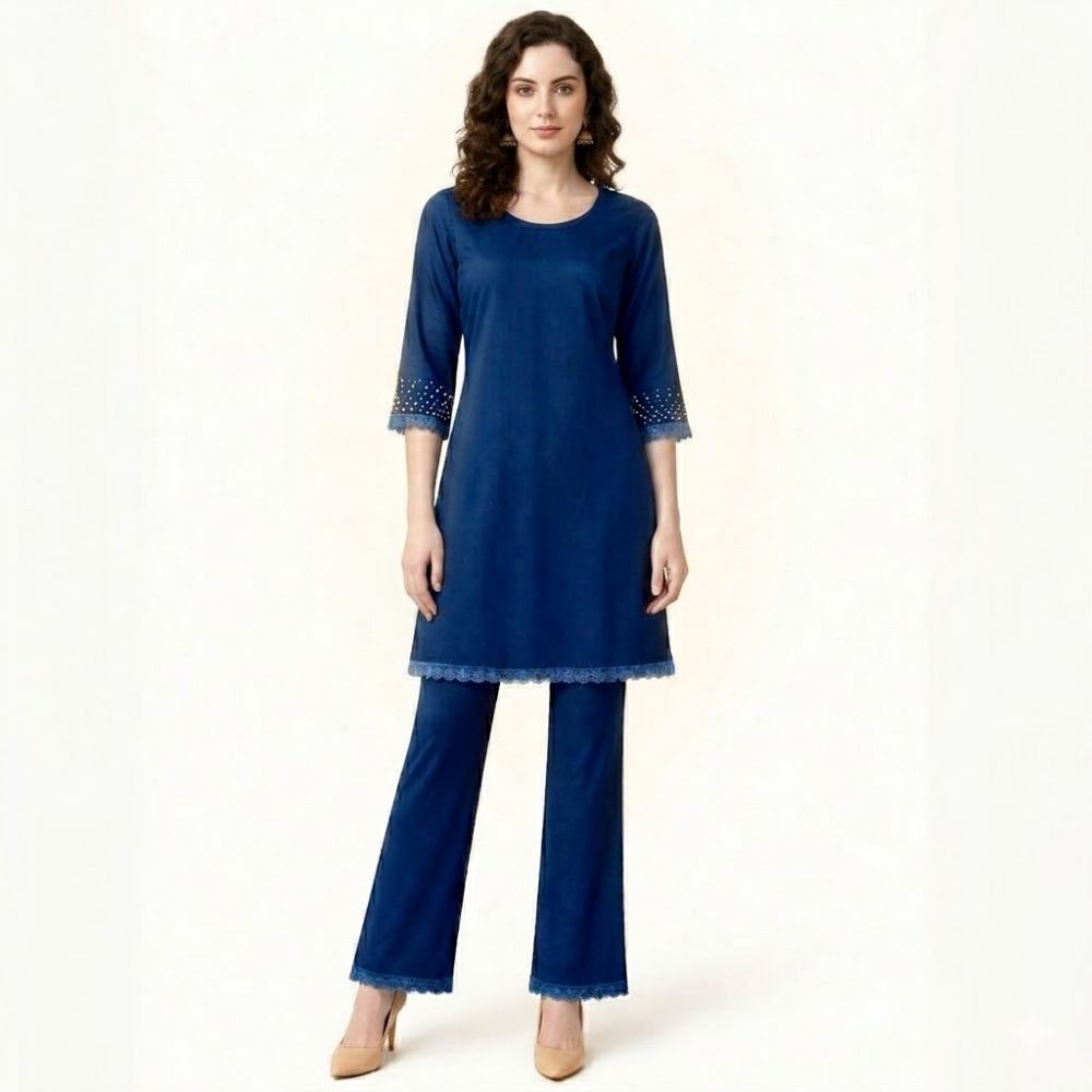 Women blue kurti pant set front view