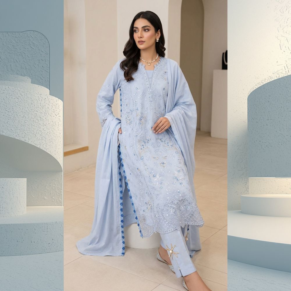 Women light blue kurti set with dupatta front view