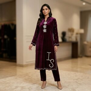 Women maroon velvet kurti set front view