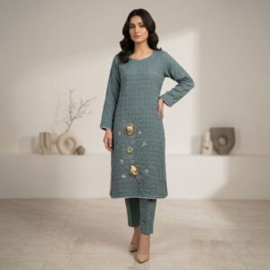 Women sage green embroidered kurti set front view