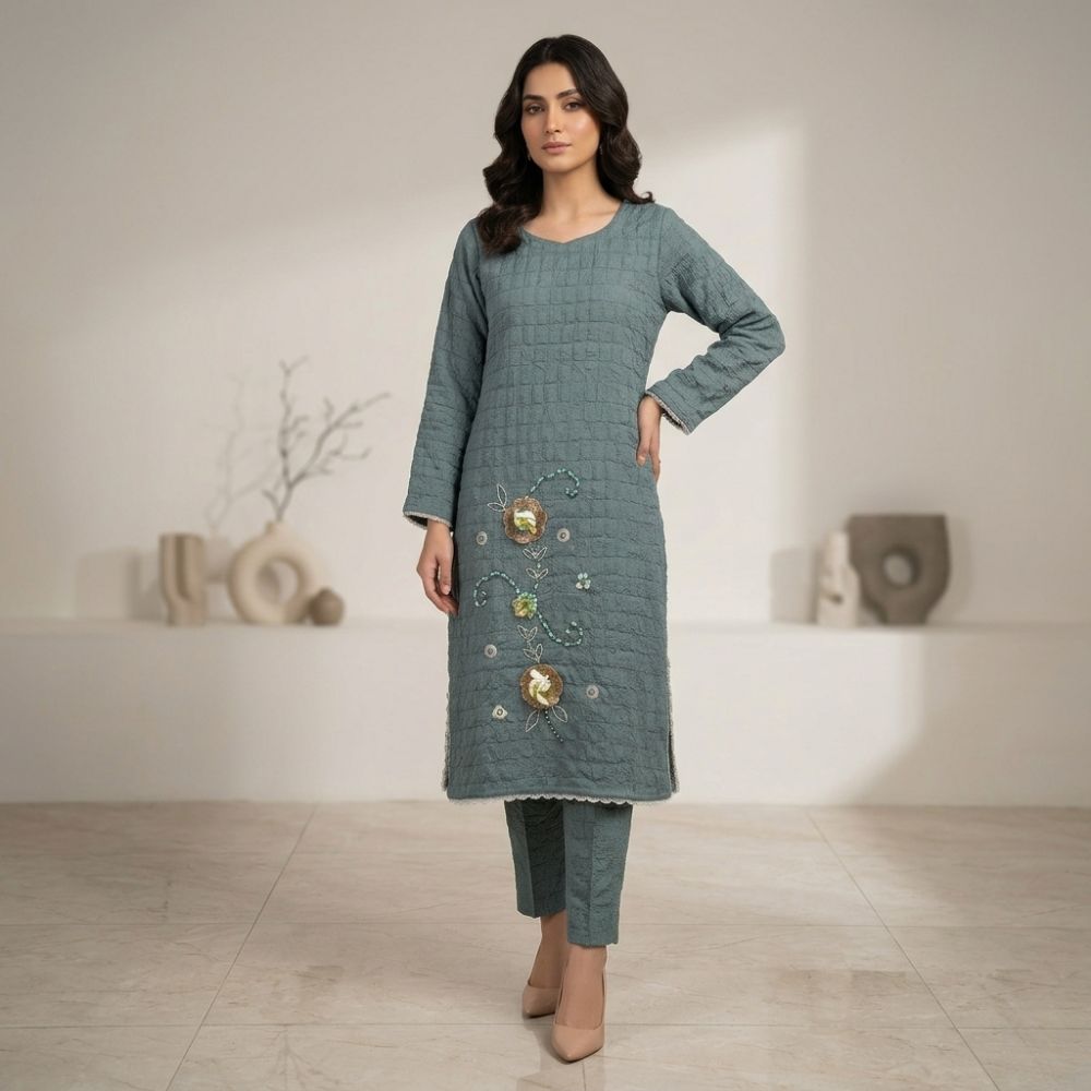 Women sage green embroidered kurti set front view