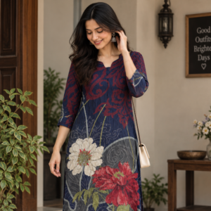 Women navy blue and maroon floral printed straight kurti - Riwayat Design Studio