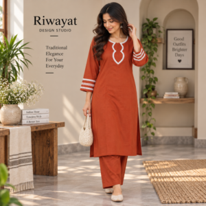 Women rust terracotta solid straight kurti with white crochet neckline trim and matching pants - Riwayat Design Studio
