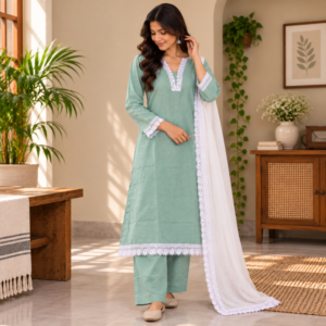 Women mint green solid straight kurti set with matching pants and white dupatta with crochet lace trim - Riwayat Design Studio