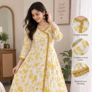 Women white and mustard yellow floral cotton Anarkali kurti with lace detailing - Riwayat Design Studio