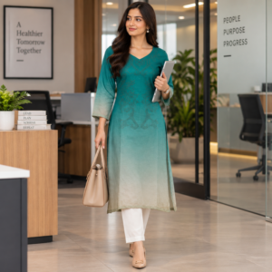 Women teal green ombre straight kurti with V-neckline and 3/4 sleeves - Riwayat Design Studio