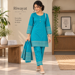 Women turquoise 3-piece kurti set with matching pants and dupatta featuring geometric embroidered border - Riwayat Design Studio