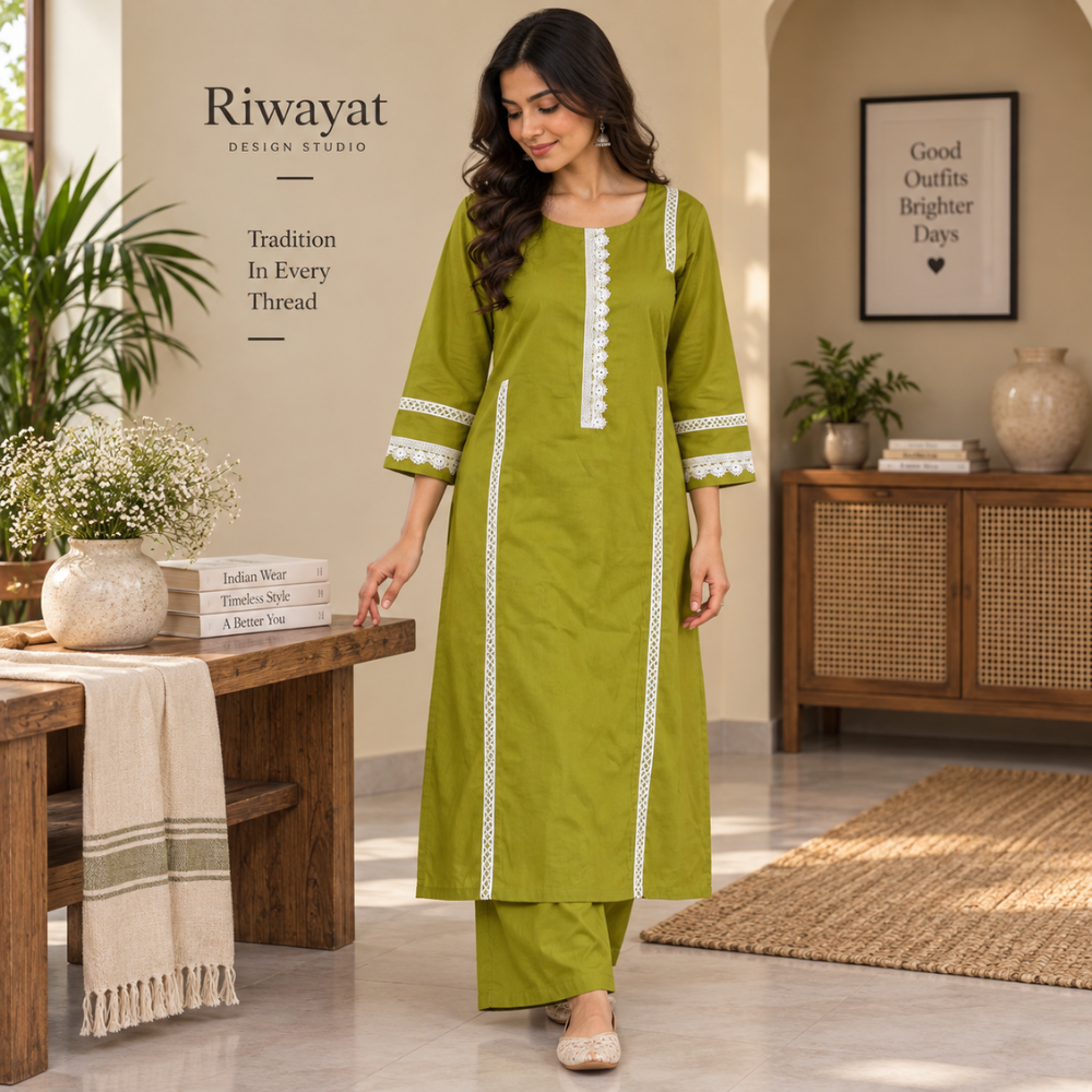 Women olive green solid straight kurti with white lace trim and matching palazzo pants - Riwayat Design Studio