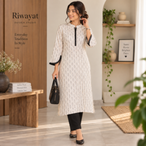 Women off-white botanical printed straight kurti with Mandarin collar and dark contrast trim - Riwayat Design Studio